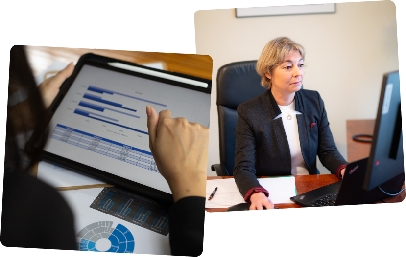 image d'une experte comptable qui regardent des graphiques sur sa tablette et image de Delphine Pages Boutault sur son ordinateur