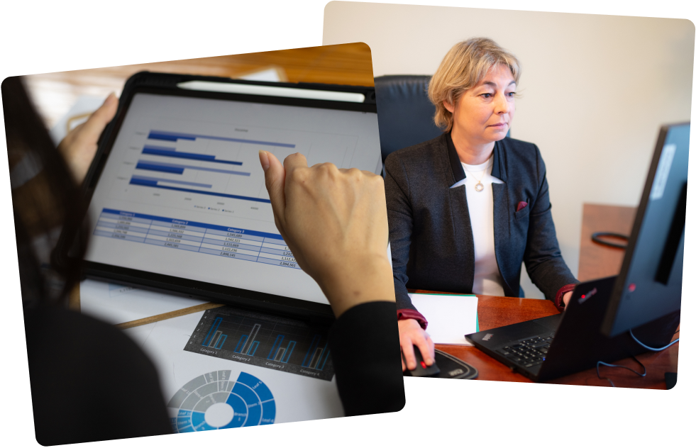 image d'une experte comptable qui regardent des graphiques sur sa tablette et image de Delphine Pages Boutault sur son ordinateur