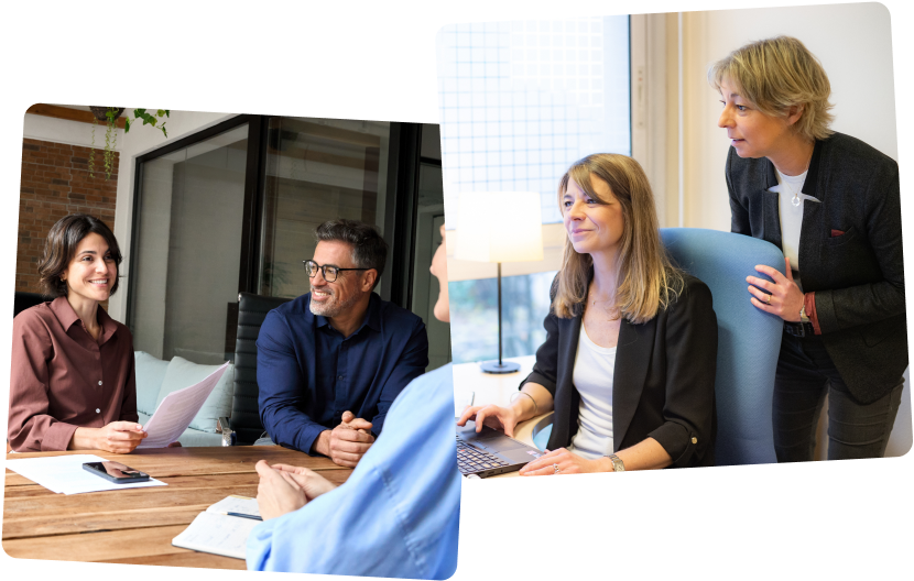 image de deux clients, une femme tenant des papiers et un homme, souriant à leur experte-comptable et image de Delphine Pages Boutault et Julie Pages devant un ordinateur