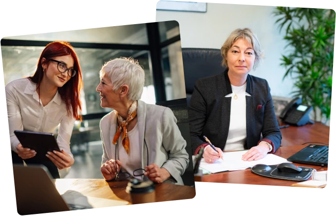 image d'une experte-comptable qui montre sa tablette à sa cliente, en souriant et image de Julie Pages devant un ordinateur