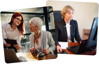 image d'une experte-comptable qui montre sa tablette à sa cliente, en souriant et image de Julie Pages devant un ordinateur