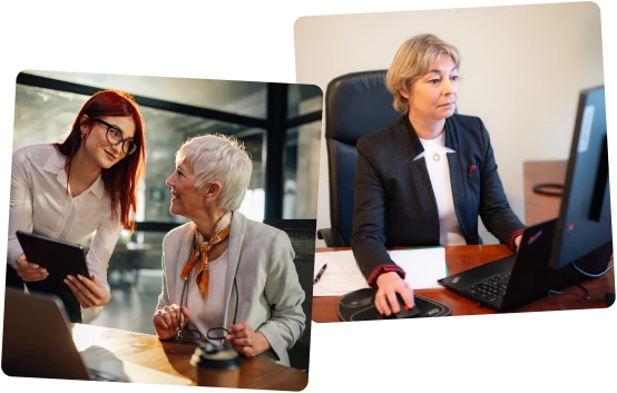 image d'une experte-comptable qui montre sa tablette à sa cliente, en souriant et image de Julie Pages devant un ordinateur